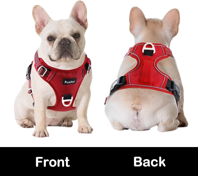 Funfox Dog Harness No Pull, Adjustable Pet Vest Harness, Super Soft Material with Vertical Handle Easy Control, Reflective Night Walking, 2 Leash Clips for XLarge Dogs, Red, XL-PurrikoPets