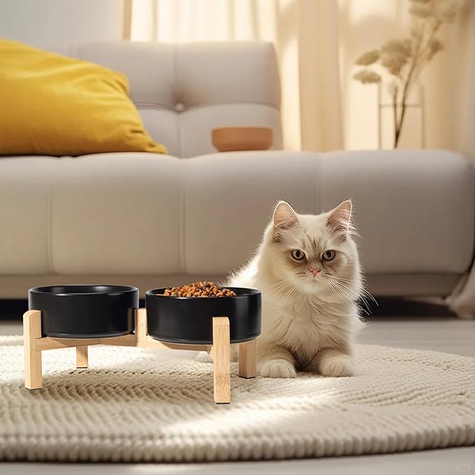 Elevated Ceramic Dog Bowl Set - Raised Feeding Bowls with Non-Slip Bamboo Stand - Small Pet Dishes for Food and Water - Ideal for Cats and Puppies - 16.23 OZ - 2 Cups - 480 ML-PurrikoPets