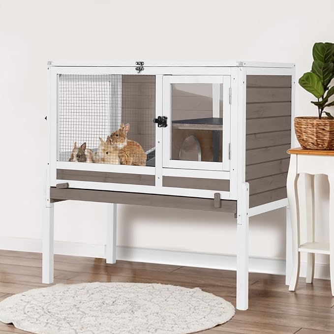 Aivituvin Rabbit Hutch with Stand Wooden Bunny Cage Indoor 2 Story Guinea Pig House with Anti Chew Ramp, No Leak Tray, Hideout, Wire Mesh (Brown)-PurrikoPets