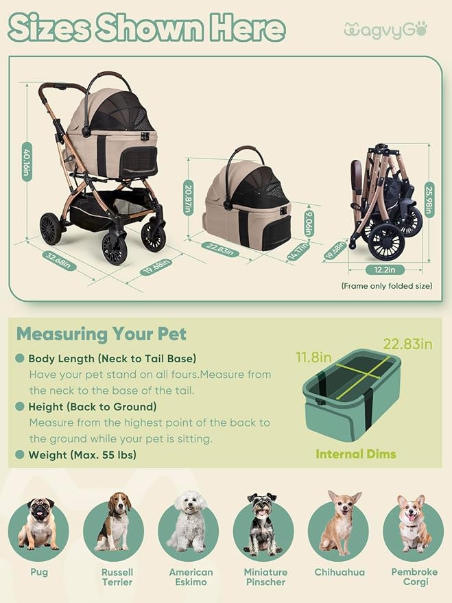 Dog Stroller, Cat Strollers, 5-in-1 Pet Stroller with Detachable Waterproof Carrier for Small/Medium Dogs Cats up to 55lbs, All-in-One Fold Without Detaching Carrier for Dogs Cats 10 lbs to 55 lbs-PurrikoPets