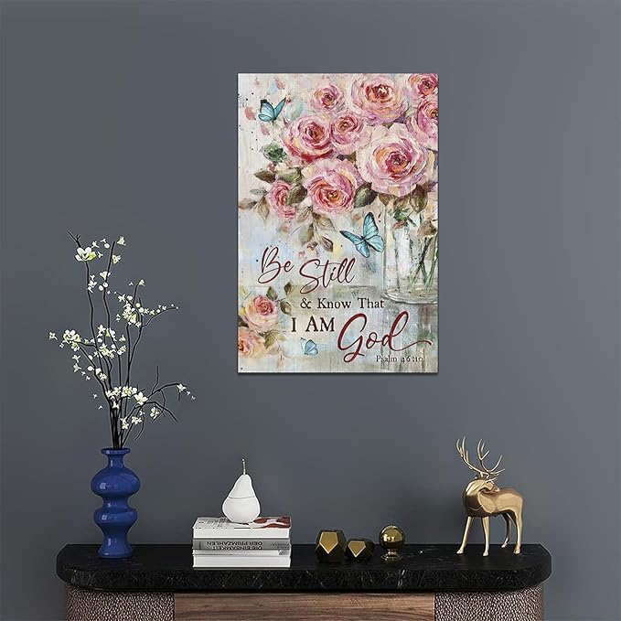 Farmhouse Rose Wall Art Christian Scripture Pictures Pink Rose Wall Decor Rustic Floral Butterfly Canvas Print Painting Artwork for Bathroom Living Room Bedroom 16"x24"-PurrikoPets