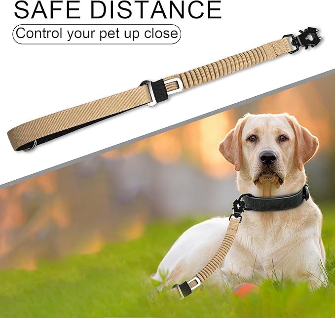 20” Strong Short Leash for Dog, Heavy Duty Bungee Dogs Leash with Padded Handle Car Seatbelt, Small Dog Training Leashs for Large or Medium Dogs - Can be Used with Other leashes (Khaki)-PurrikoPets
