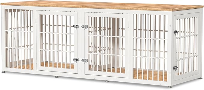 78 Inch Double Dog Crate Furniture, Heavy Duty Extra Large Cage Furniture with Divider for 2 Dogs, Decorative Wooden Kennel Furniture Indoor, Pet House for Large and Medium Dogs, White-PurrikoPets