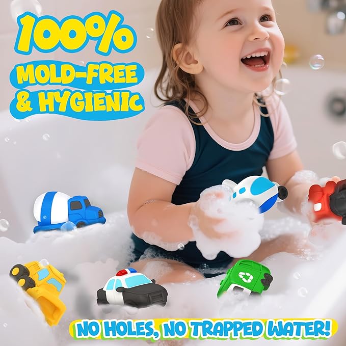 6 PCS Vehicle Floating Bath Toys Mold Free Infant Bath Tub Toys for 12 Months - No Hole Bathtub Toys for Toddlers 1-3 Water Pool Toys for Baby Toddler Ages 1+-PurrikoPets
