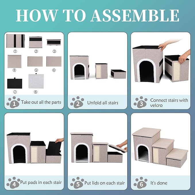 Dog Steps for Bed and Couch, 17”H Foldable Dog Stairs for Small Older Dogs Cats, Adjustable Pet Cat Stairs Ramps with Storage with Condo, Scratcher, Hold Up to 180LBS, Pet Cat Steps Beige-PurrikoPets