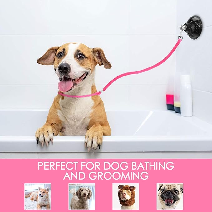 Frienda 4 Pieces Dog Bathing Tether with Suction Cup Pet Dog Grooming Tub Restraint Loops and Adjustable Cat Fixed Safety Rope for Pet Shower Bathing Grooming(Blue Black Pink)-PurrikoPets