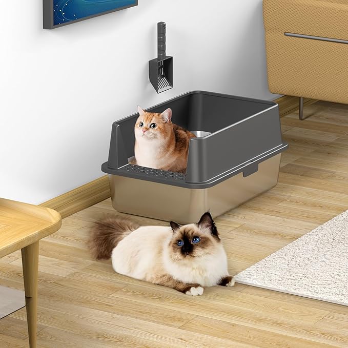 2PACK Stainless Steel Cat Litter Box with High Sides Lid, Extra Large XL Litter Box for Big Cats, Metal Kitty Litter Boxes with Anti-Leakage Enclosure,Non-Stick,Odorless,Scoop Included-PurrikoPets