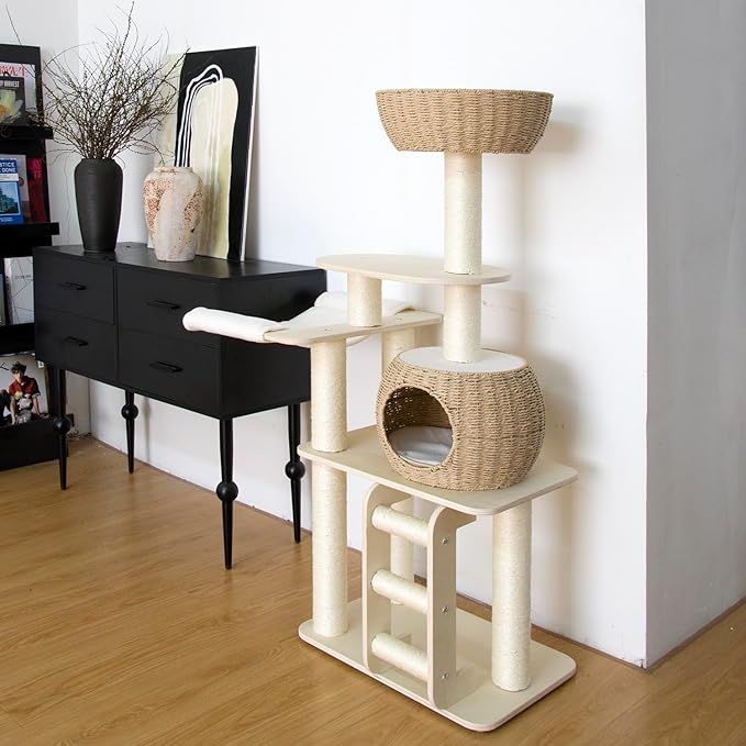54 Inch Cat Tree for Indoor Cats, Tall Wooden Cat Tower with Scratching Posts, Rattan Condo and Perch, Multi-Level Cat Climber, Stylish Pet Furniture-PurrikoPets