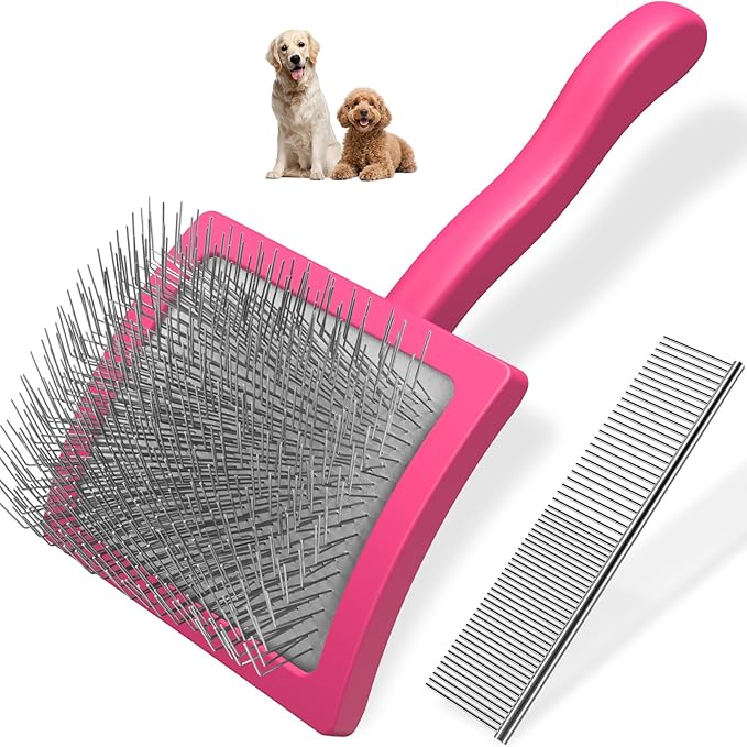 2PCS Slicker Brush for Dogs & Pet Comb,Professional Dog Grooming Brush (Goldendoodles,Poodles,Labradoodles) with Extra Long Pins to Effectively Remove Tangles, Knots and Mats (Pink)-PurrikoPets