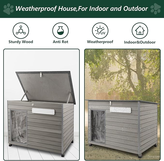 43.3" L Dog House Outdoor for Large Breeds Dogs Anti Chewing Iron Frames Dog Kennel Wooden Pet Houses for Indoor Outdoor with Weatherproof Roof,6 Elevated Feet, Reinforced Bottom Support-PurrikoPets