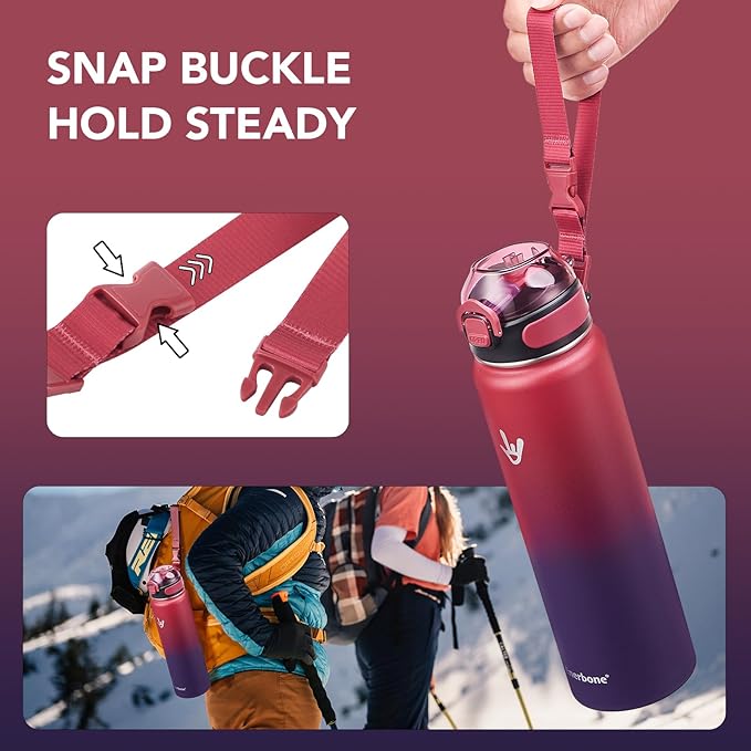 Enerbone 32 oz Insulated Water Bottle, Stainless Steel Bottle with Carrying Strap, Double-Wall Vacuum Insulation Design, Leakproof Sports Bottle with Straw, Keep Drinks Cold or Hot for Hours-PurrikoPets