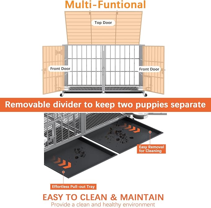 aboxoo 48/42 inch Heavy Duty Metal Dog Crate for 2 Dogs/Large Dog,All Metal Open Top,Dog Kennel Indoor with Wheels,Floor Grid, Tray, Divider and Feeding Bowl (Sliver)-PurrikoPets