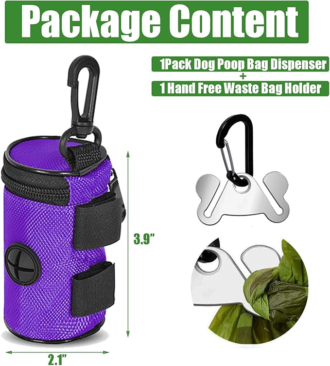 Dog Poop Bag Holder for Leash Attachment - Waste Bag Dispenser for Leash - Fits Any Dog Leash - Portable Set with Hand Free Holder Metal Carrier, Round Shape, Purple-PurrikoPets