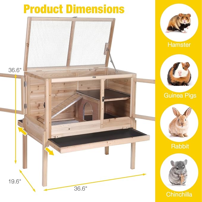 AIVITUVIN Wooden Guinea Pig Cage Indoor with Cooling Plate and Anti-Chewing Edges Two-Story Rabbit Hutch Pull Out Tray Outdoor Rabbit Cage with Raised Stand and Wire Mesh Small Animals Cage (Nature-PurrikoPets