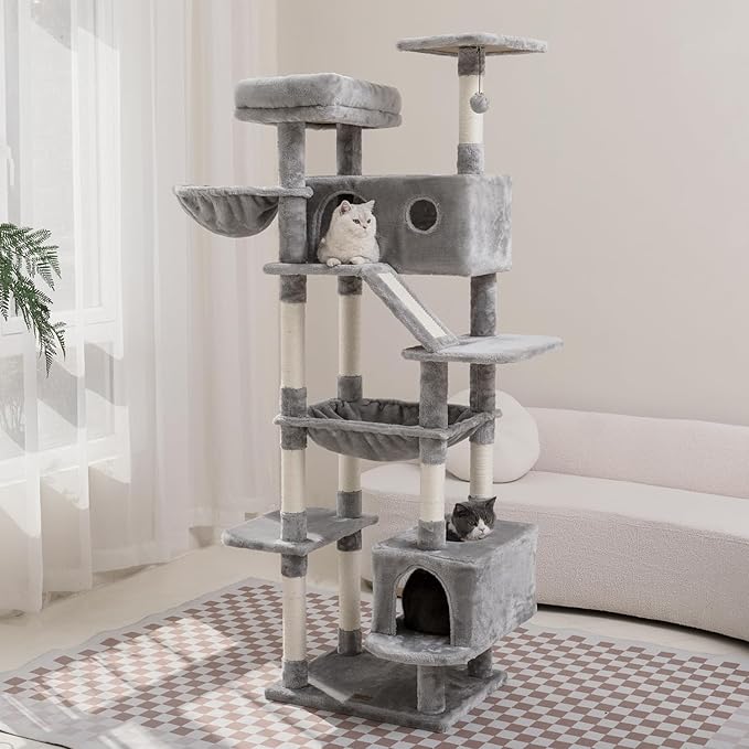 73 inches Large Cat Tree for Indoor Cats, Tall Cat Tower with Sisal Scratching Posts and Pads, Padded Plush Perch, Cozy Basket, Plush Condo for Large Cats (Grey)-PurrikoPets