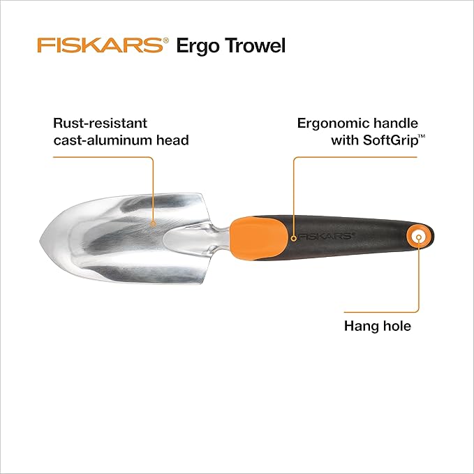 Fiskars Ergo Garden Trowel for Digging and Planting, Heavy Duty Gardening Hand Tool with Hanging Hole-PurrikoPets