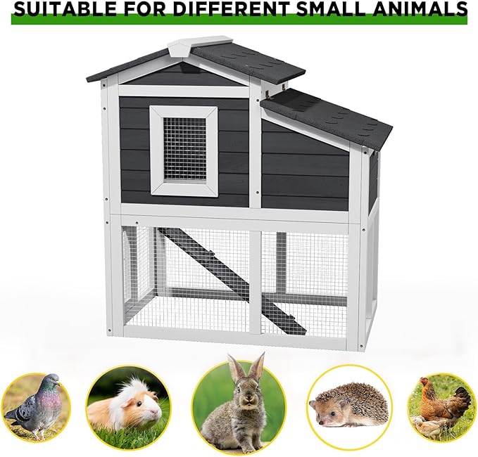 2 Story Rabbit Cage, Weatherproof Rabbit Hutch Indoor & Outdoor, Wooden Guinea Pig Cages with Removable Tray Openable Roof for Small to Medium Animals-PurrikoPets