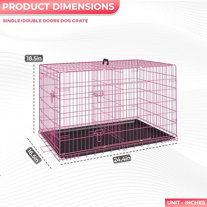 FDW Dog Crate for Small Dogs 24 Inch Folding Metal WirePet Cage Double Door W/Divider Panel Indoor Outdoor Kennel Leak-Proof Plastic Tray,Pink-PurrikoPets