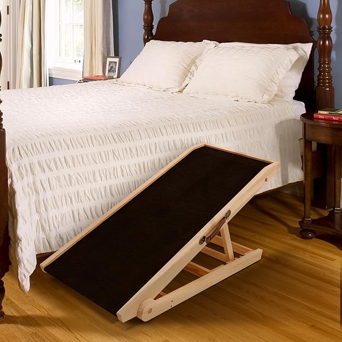 Dog Ramp for Bed, Adjustable Pet Ramps for Dog to Get on Bed, Non-Slip Rubber Surface - Folding Wooden Dog Ramp for Small/Large/Old Dogs, Adjustable up to 19.5 inch High Beds-PurrikoPets