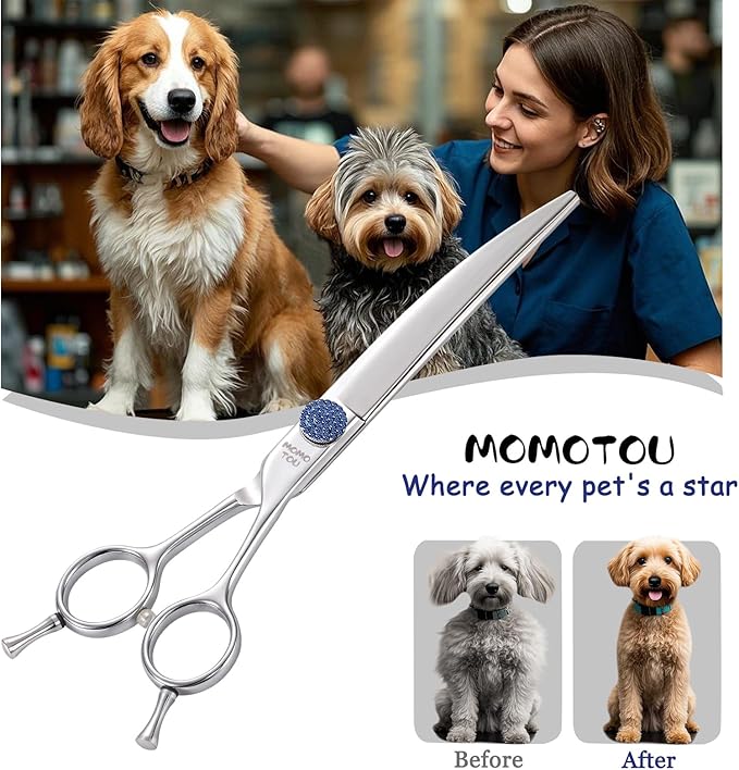 7'' Dog Grooming Scissors CNC 440C Blades Sharp and Durable Polished Curved Dog Shears with Blue Diamond Adustable Screws Easy to Use for Groomer and Home User-PurrikoPets
