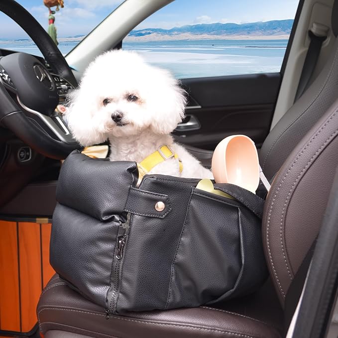 2 and 1 Center Console Dog Car Seat & Carrier for Small Dogs, Large Leather Dog Car Bed with Storage Pocket, Waterproof PVC Leather Seat Travel Bed for Front & Back Seat, Clip-On Safety Leash-PurrikoPets