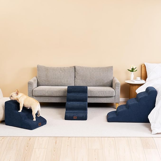 EHEYCIGA Curved Dog Stairs Ramp for High Beds 22.6" H, 5-Step Dog Steps for Small Dogs and Cats, Pet Stairs for High Bed Climbing, Non-Slip Balanced Pet Step Indoor, Navy-PurrikoPets