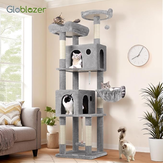 Globlazer Cat Tree, 70 inch Tall Scratching Tower Multi-Level Cat Condo for Indoor Multiple Cats with 2 Large Cat Caves, Top Perch, Large Platform, Bottom Swing, F70B, Light Grey-PurrikoPets