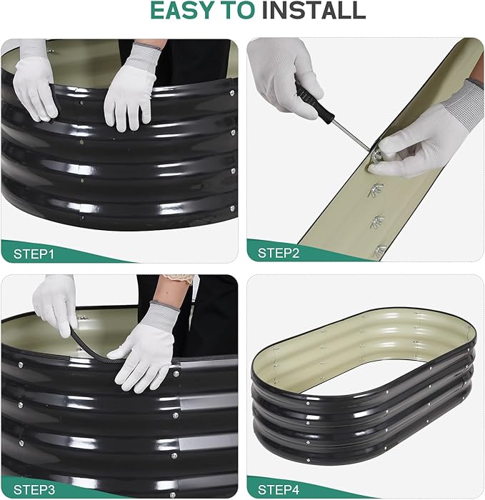 Galvanized Raised Garden Bed Outdoor - 4×2×1ft Planter Raised Beds for Gardening | Oval Metal Garden Planter Box with Safety Edging and Gloves for Vegetables Fruits and Flowers - Grey-PurrikoPets