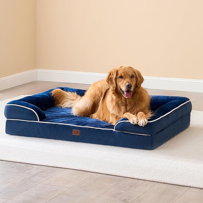 EHEYCIGA Orthopedic Dog Beds for Large Dogs, Waterproof Memory Foam Large Dog Bed with Sides, Non-Slip Bottom and Egg-Crate Foam Pet Couch Bed with Washable Removable Cover, Navy-PurrikoPets