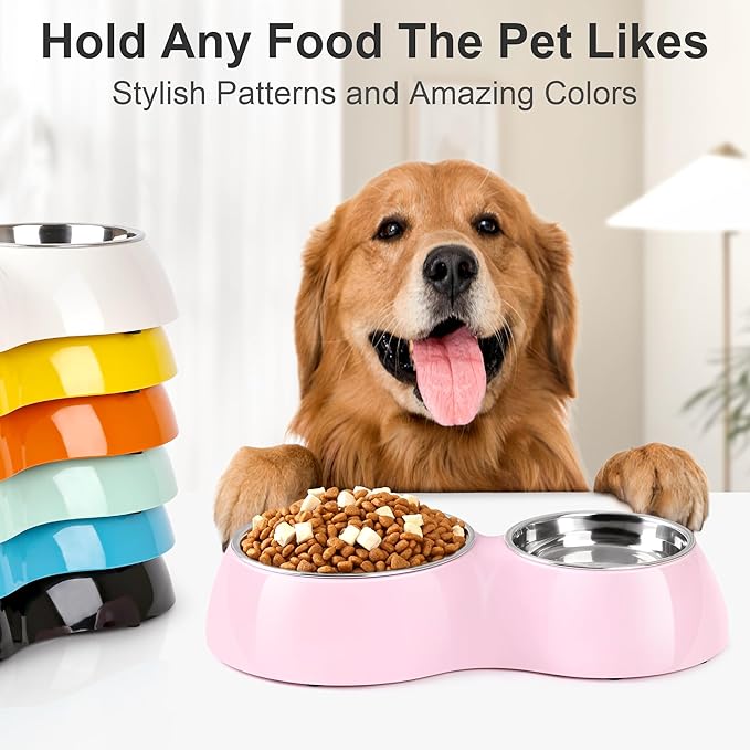 Double Dog Bowls Set – Non-Slip Pet Food & Water Dishes with Resin Stand, Includes Small (1 Cup) & Medium (2 Cups) Bowls – Ideal for Puppies, Cats, and Medium Dogs – Pink-PurrikoPets