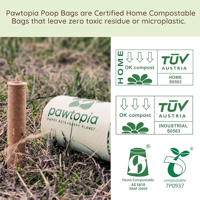 Pawtria Certified Home Compostable Dog Poop Bags (240 Bags + Lavender Carrier), Biodegradable Pet Waste Bags, Vegetable Starches, Leak proof Dog Waste Bags, Light-weight silicone made bag carrier-PurrikoPets