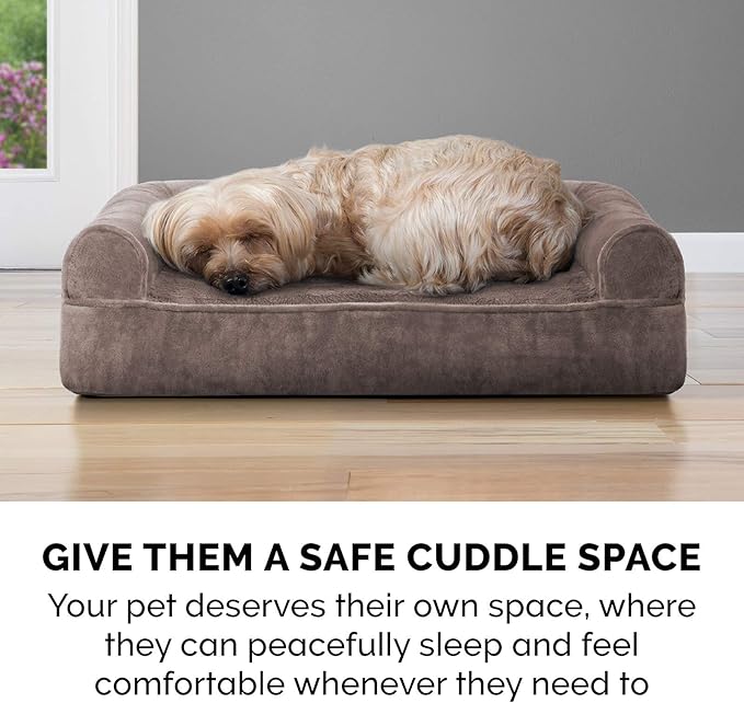 Furhaven Cooling Gel Dog Bed for Large Dogs w/ Removable Bolsters & Washable Cover, For Dogs Up to 95 lbs - Faux Fur & Velvet Sofa - Driftwood Brown, Jumbo/XL-PurrikoPets