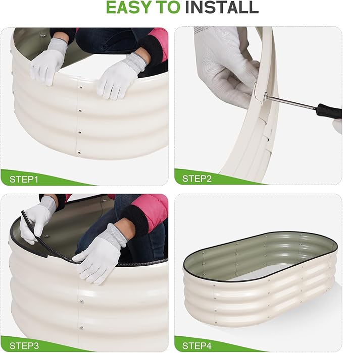Galvanized Raised Garden Bed Outdoor - 4×2×1ft Planter Raised Beds for Gardening | Oval Metal Garden Planter Box with Safety Edging and Gloves for Vegetables Fruits and Flowers - White-PurrikoPets