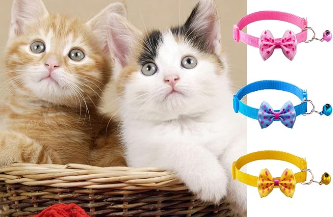 16 PCS Cute Cat Collars with Bells - Breakaway Collars for Girls & Small Kittens - Pink, Bowtie Design - Kitten Supplies-PurrikoPets