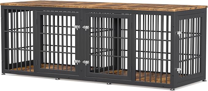 78 Inch Double Dog Crate Furniture, Heavy Duty Extra Large Cage Furniture with Divider for 2 Dogs, Decorative Wooden Kennel Furniture Indoor, Metal Pet House for Large and Medium Dogs-PurrikoPets