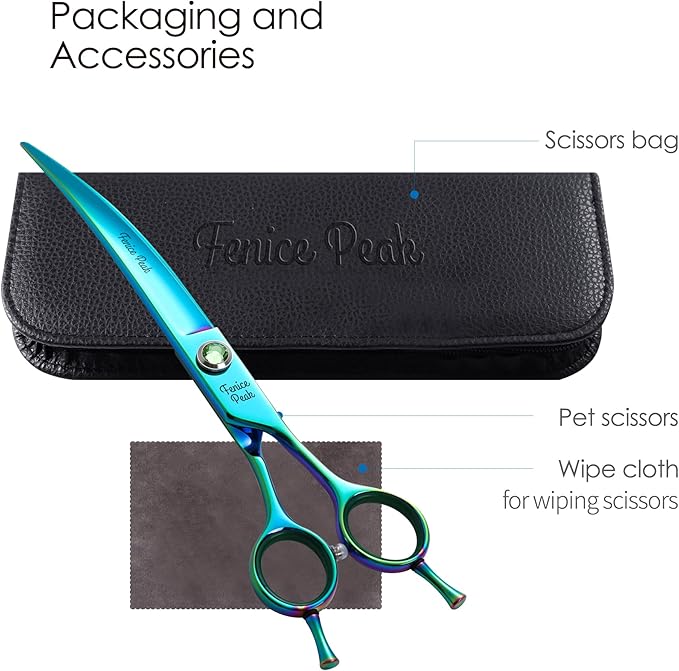 Fenice Peak 7.5'' Green Curved Dog Grooming Scissors Pet Shears with Ergonomic Offest Handle and Simulated Emerald Screw 440C Grooming Scissors Trimming Shears Durable and Sharp-PurrikoPets