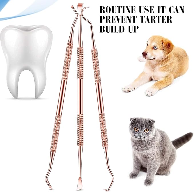 3 Pieces Dog Dental Tooth Scaler and Scraper Stainless Double Headed Tarter Removing Tool Scraper Pet Teeth Cleaning Tools for Dog and Cat (Rose Gold)-PurrikoPets