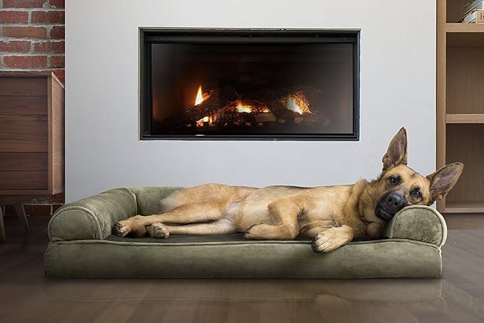 Furhaven Orthopedic Dog Bed for Large Dogs w/ Removable Bolsters & Washable Cover, For Dogs Up to 95 lbs - Faux Fur & Velvet Sofa - Dark Sage, Jumbo/XL-PurrikoPets