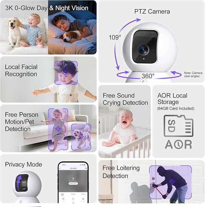3K Pet/Dog Camera Indoor w/Phone App, No Monthly Fee 64GB Local Storage & AI Tracking Face ID, 2.4/5GHz WiFi Cameras for Home Security Baby Monitor, Pan/Tilt, 2-Way Talk-PurrikoPets