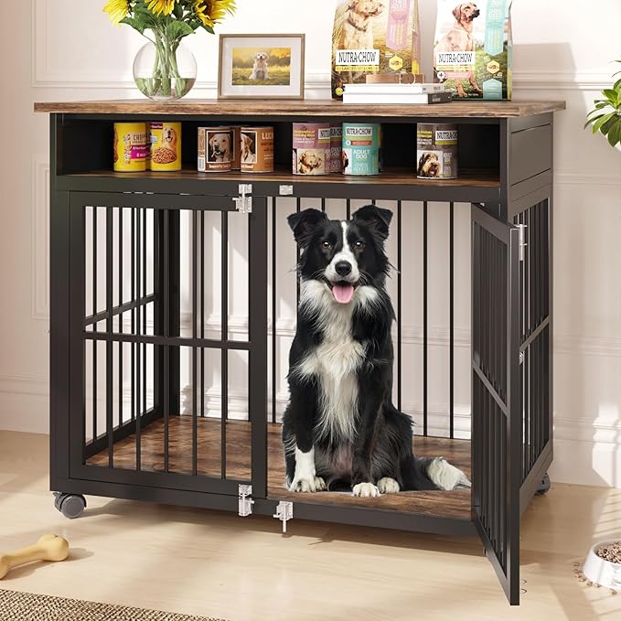 39.4" Dog Crate Furniture for Medium and Large Breed, Dog Kennel Furniture with Storage Shelf & Lockable Wheels, Heavy Duty Wooden End Side Table Pet Cage Indoor, Chew-Resistant, Brown-PurrikoPets