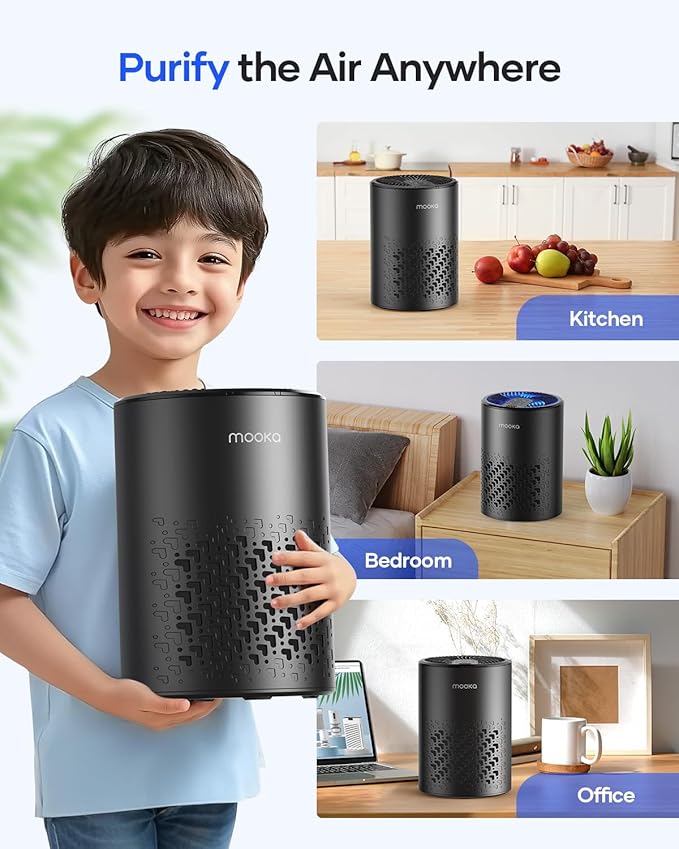 Air Purifiers for Bedroom Home, MOOKA HEPA Air Purifier for Home Pets with Fragrance Sponge for Smoke Dust Pollen Dander Odor, Small Air Purifier with Sleep Mode Night Light Timer, KJ067L, Black-PurrikoPets