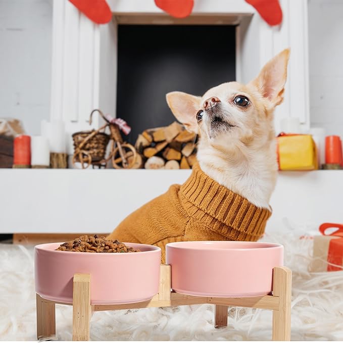 Elevated Ceramic Dog Bowl Set - Raised Feeding Bowls with Non-Slip Bamboo Stand - Small Pet Dishes for Food and Water - Ideal for Cats and Puppies - 16.23 OZ - 2 Cups - 480 ML-PurrikoPets