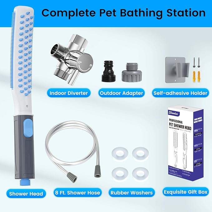 Dog Shower Attachment, Dog Washing Hose Attachment with Metal T-Diverter, Dog Bathing Supplies with 3 Spray Modes & One-Button ON/OFF Indoor and Outdoor Sprayer 8-Foot Hose-PurrikoPets