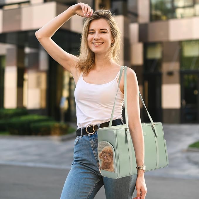 Fashion Dog Purse Pet Carrier Leather Bag for Small Dogs Cats Puppy, Portable Tote Bag Airline Approved Soft-Sided Carriers (Green)-PurrikoPets
