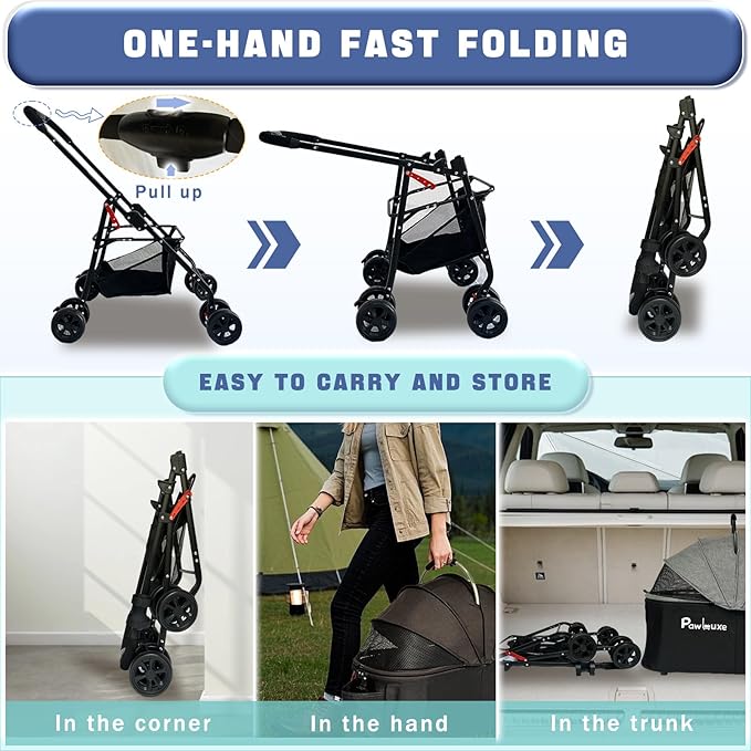 4 Wheels Pet Stroller 4 in 1 Pet Stroller with Detachable Carrier for Small & Medium Dogs Cats up to 55 lbs Easy-Folding Travel Dog Wagon with Car Seat Breathable Mesh,Gray-PurrikoPets