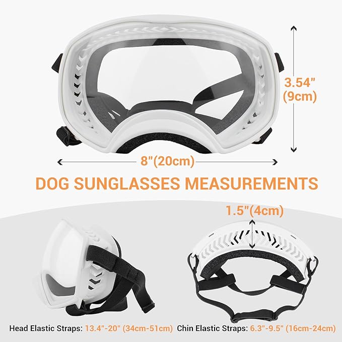 Dog Sunglasses UV Protection Clear Dog Goggles Windproof Glasses with Elastic Straps for Medium-Large Breed, White Frame + Clear Lens-PurrikoPets