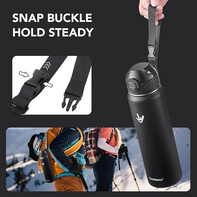 Enerbone 32 oz Insulated Water Bottle, Stainless Steel Bottle with Carrying Strap, Double-Wall Vacuum Insulation Design, Leakproof Sports Bottle with Straw, Keep Drinks Cold or Hot for Hours-PurrikoPets