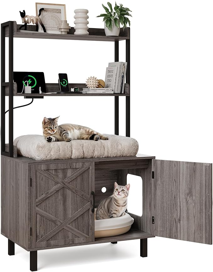 55 Inches Cat Litter Box Enclosure, Hidden Litter Box Furniture with 2 Storage Shelves and Charging Sockets, Wooden Cat House, Large Indoor Cabinet for Living Room & Entryway, Grey-PurrikoPets