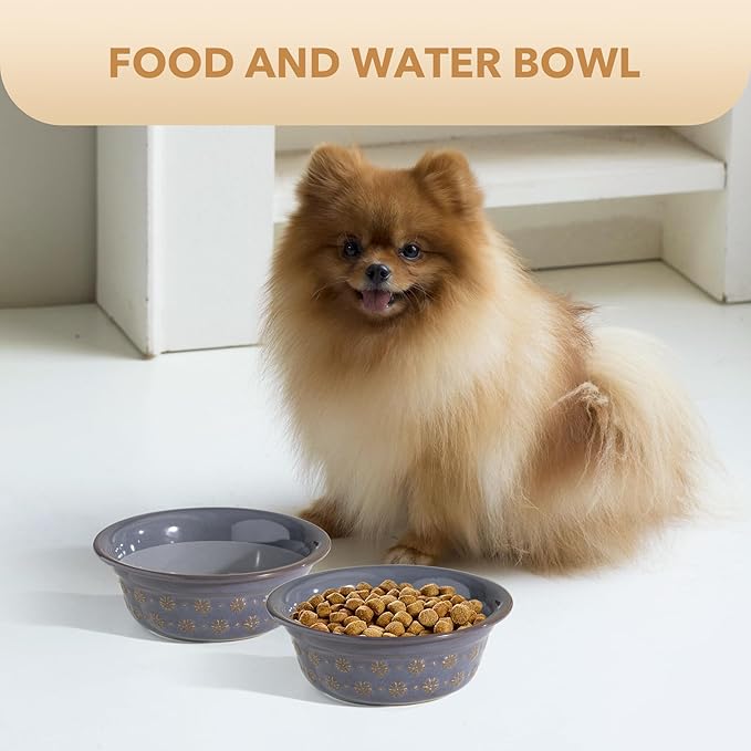 6.3inch Ceramic Set of 2 Dog Bowls, Food and Water Bowls for Small and Medium Dog, 2pcs Basic Dog Bowl, Wide Opening Rounded Edge (2 Bowls, Reactived Glaze -Grey)-PurrikoPets