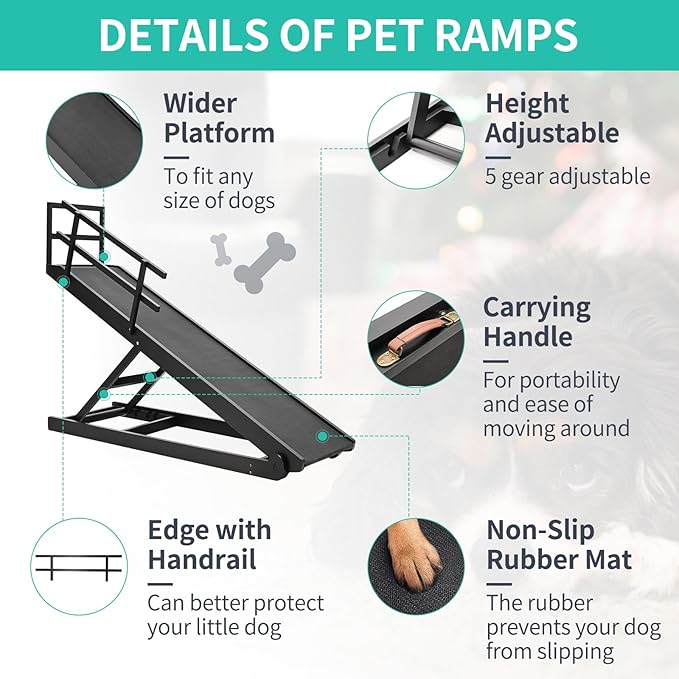 Dog Ramp, 5 Level Adjustable Height Folding Pet Ramp for High Bed, Portable Paw Ramps Large Bed Ramp for Medium & Large Old Dogs & Cats - Natural Wood Furniture Quality-PurrikoPets